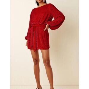 Retrofete Grace Mini Sequin Dress in Red Size Small Belt Long Sleeve